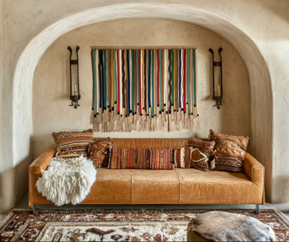 Brown leather sofa with decorative pillows in a room with a colorful tapestry and cactus plant.