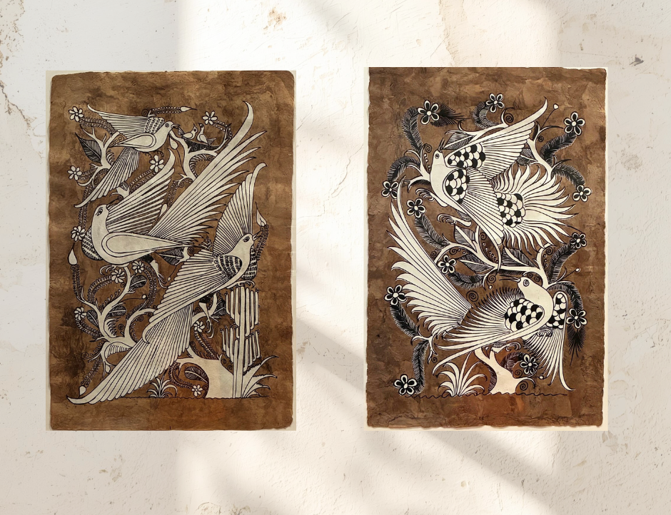 Two decorative panels with bird and floral designs on a textured beige background