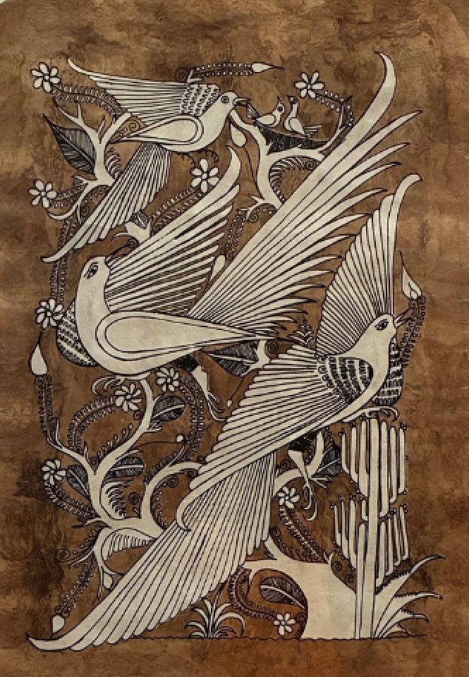 Decorative artwork of birds and floral elements on a brown background