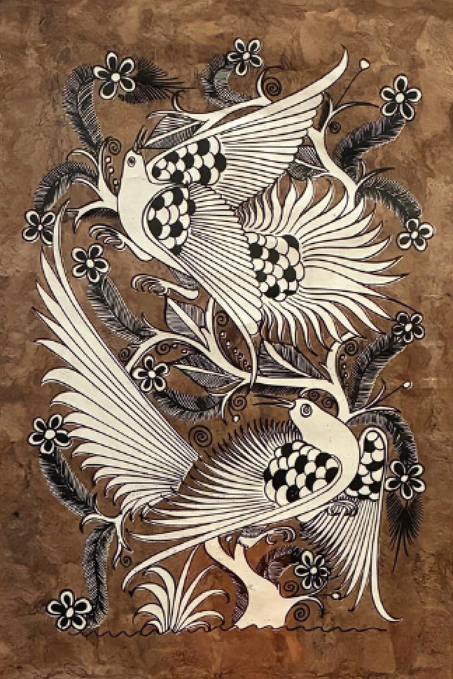 Decorative illustration of birds and floral elements on a brown background