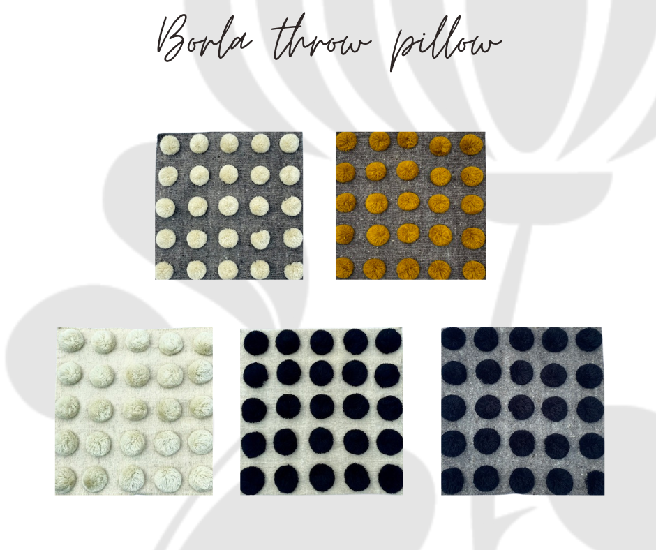 Collection of Borla throw pillows with different dot patterns on a white background
