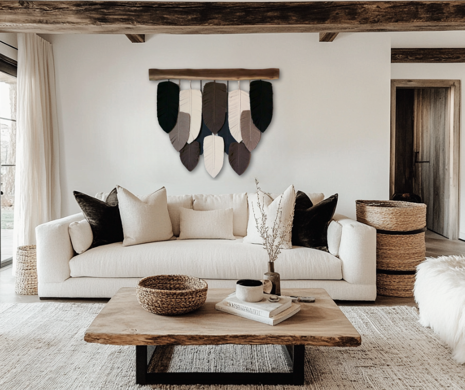 A wall hanging decor featuring a series of handcrafted macramé leaves in shades of beige, brown, and black, strung together on a wooden plank.