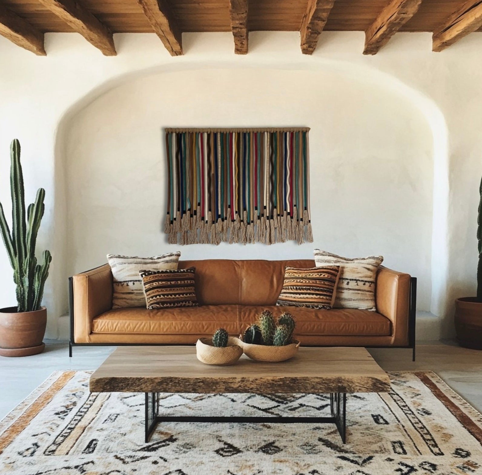 Living room with a brown leather sofa, wooden coffee table, and decorative elements.